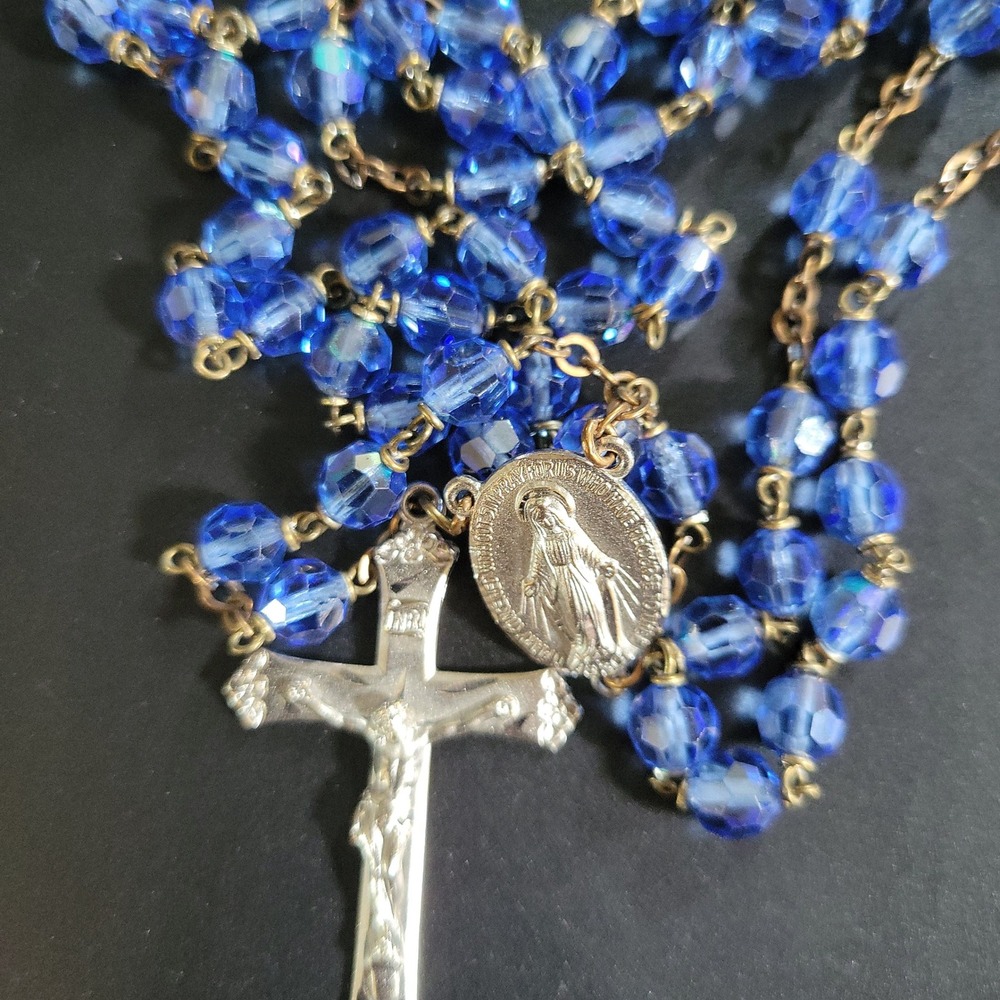 Vintage Style Blue Glass Bead Rosary Miraculous Medal Crucifix 34" Cottagecore